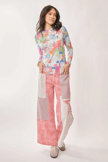 Davi &amp; Dani Multi Printed Mesh Round Neck Long Sleeve Top