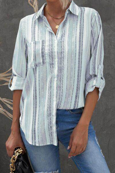 Striped Collared Neck Long Sleeve Shirt for Women Fashion