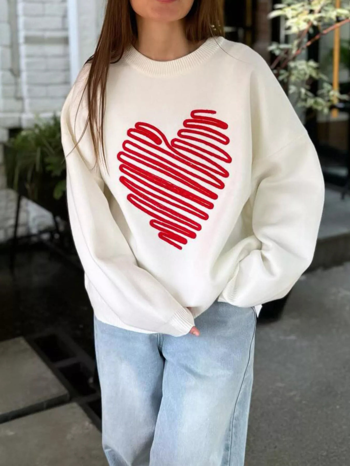 Heart Round Neck Oversized Sweater
