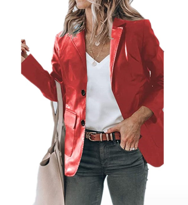 Lapel Single Breasted Solid Color PU Leather Women&