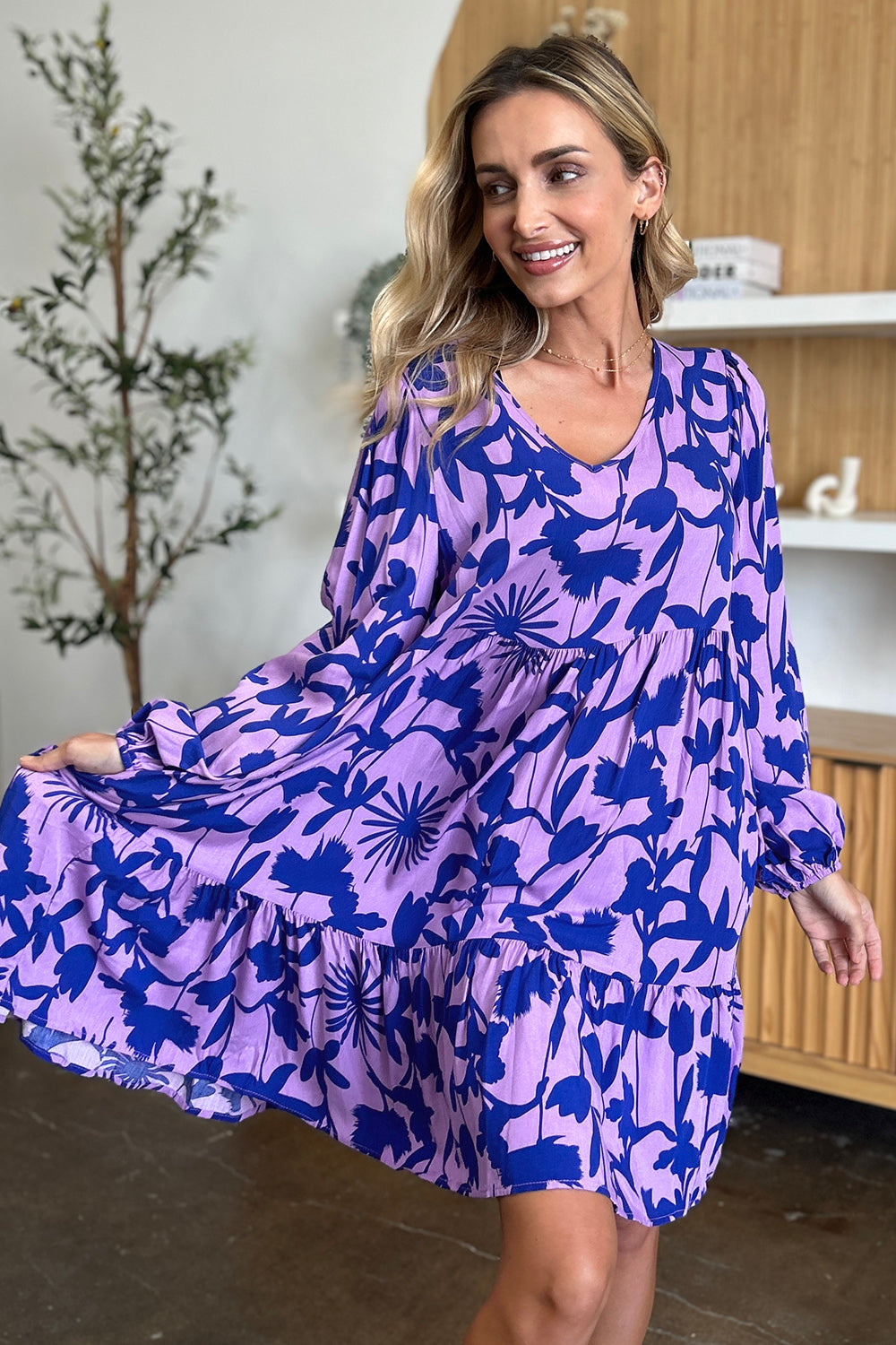 Double Take Full Size Printed Ruffle Hem Dress with Pocket Stylish &amp; Functional Women Dress