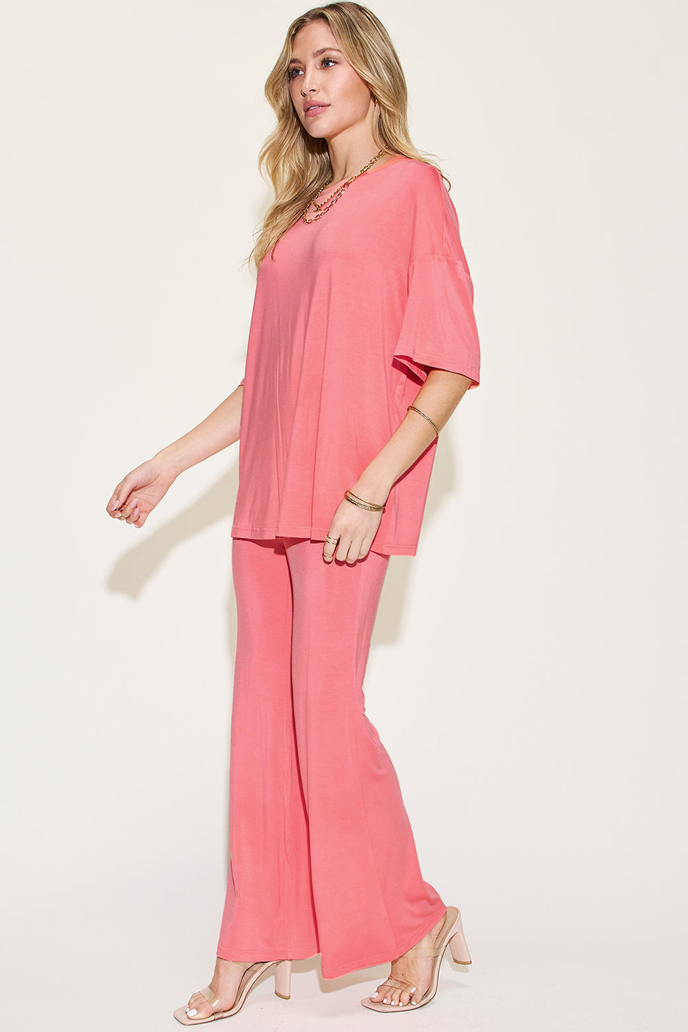 Comfy Bamboo Drop Shoulder Tee &amp; Flare Pants Set