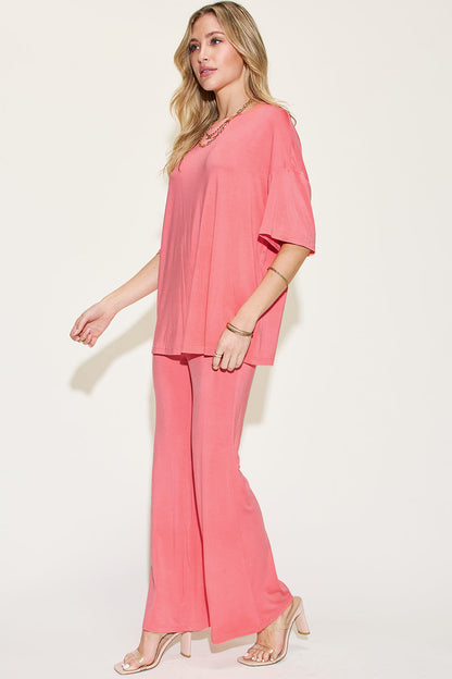 Comfy Bamboo Drop Shoulder Tee &amp; Flare Pants Set