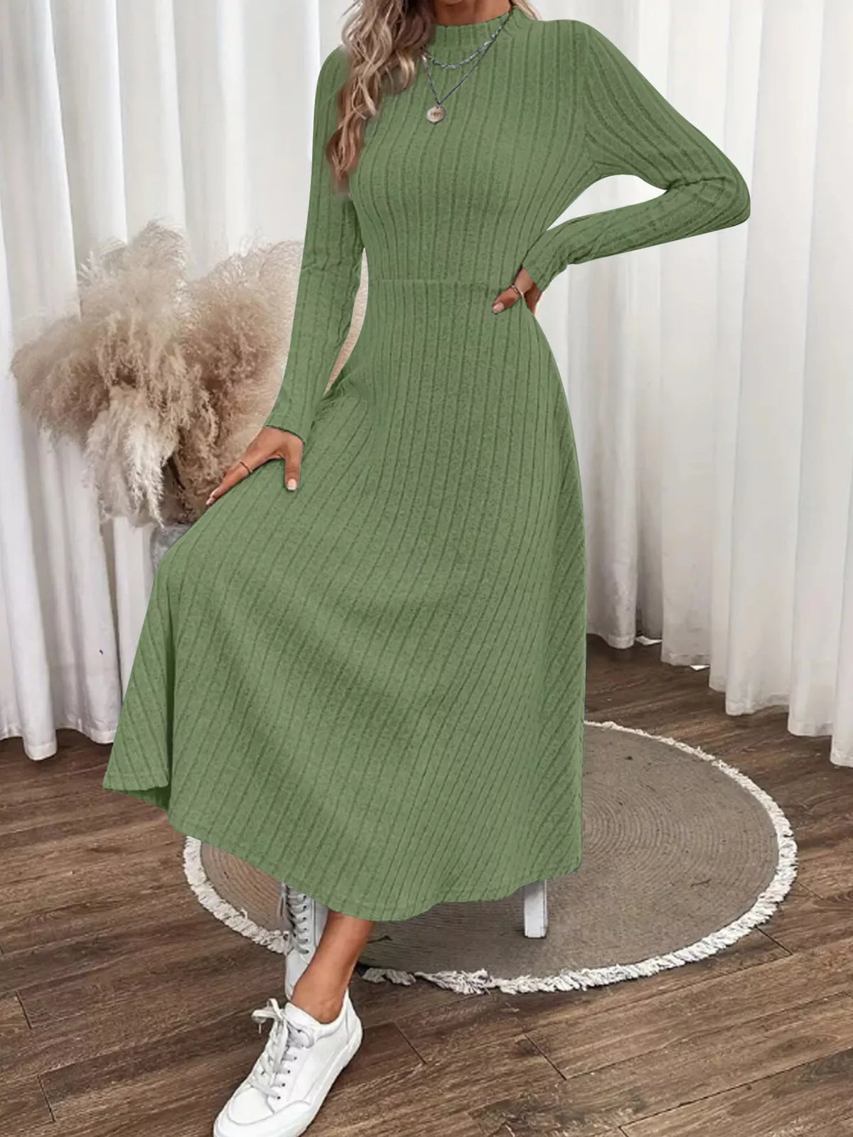 Ribbed Knit A-Line Midi Dress