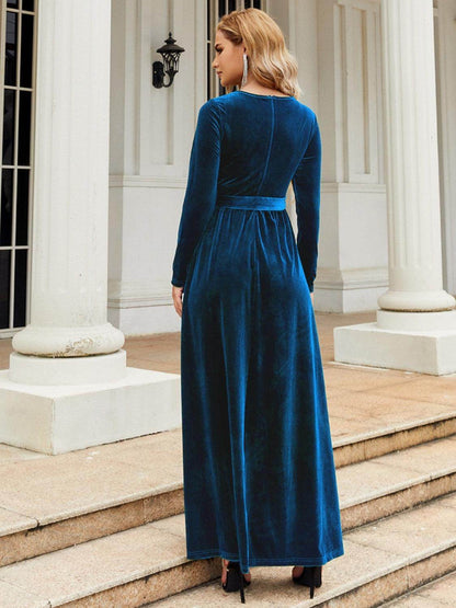 Tie Front Round Neck Long Sleeve Maxi Dress for Women