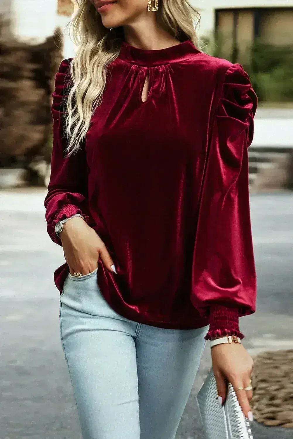 Fiery Red Velvet Blouse - Mock Neck &amp; Puff Sleeves | Femstylo