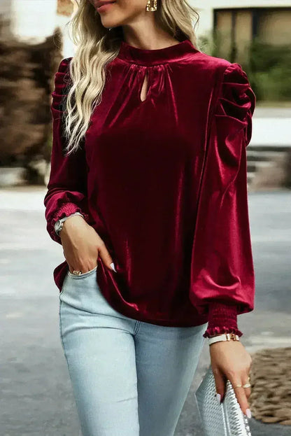 Fiery Red Velvet Blouse - Mock Neck &amp; Puff Sleeves | Femstylo