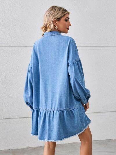 Button Up Pocketed Raw Hem Denim Dress for Women