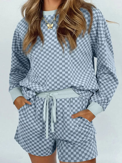 Checkerboard Long Sleeve Pullover and Shorts Set