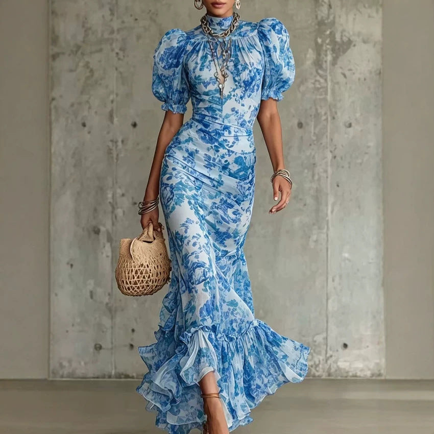 French-style Vintage Chiffon Dress, Summer High-neck Puff Sleeve, Waist-cinching, Slimming, Fishtail, Elegant, Ladylike, Vacation Long Dress