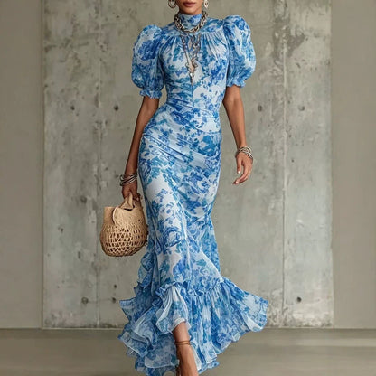 French-style Vintage Chiffon Dress, Summer High-neck Puff Sleeve, Waist-cinching, Slimming, Fishtail, Elegant, Ladylike, Vacation Long Dress