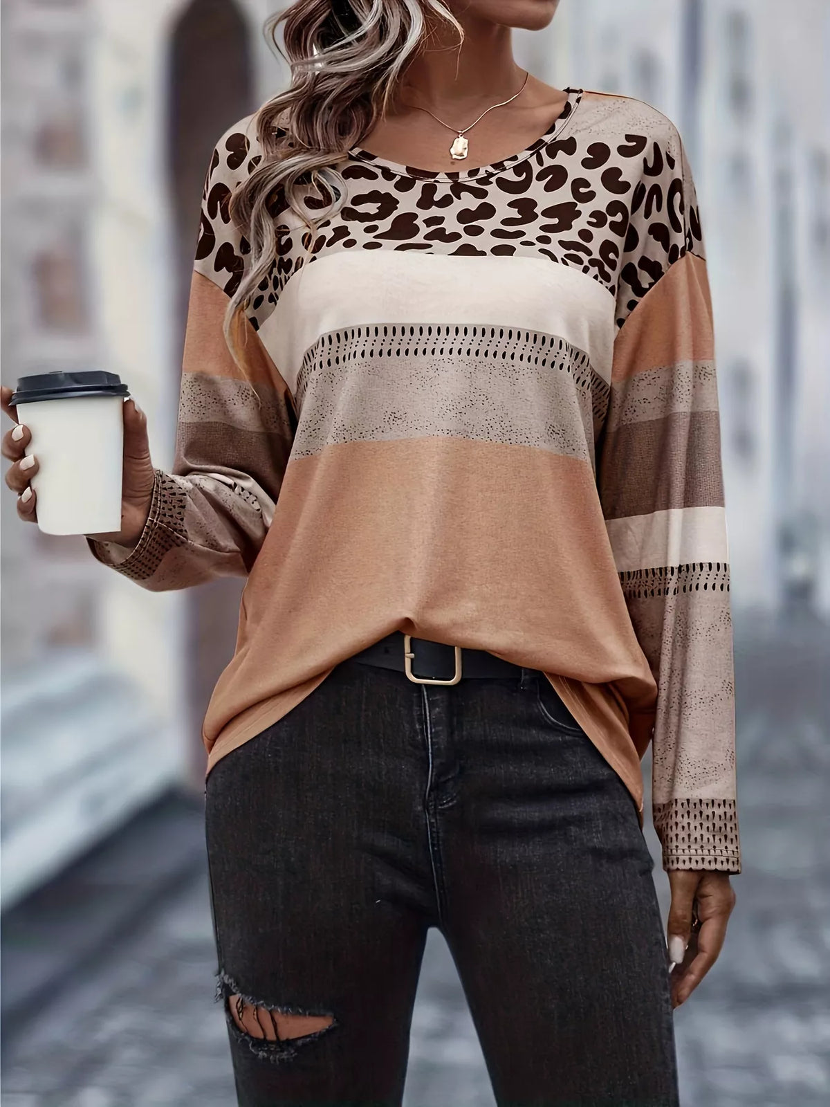 Plus Size Leopard Print Color Block Long Sleeve T-Shirt