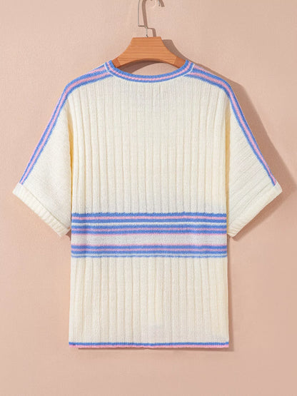 Striped V Neck Dolman Sleeve Rib Knit Oversized Sweater with Slits