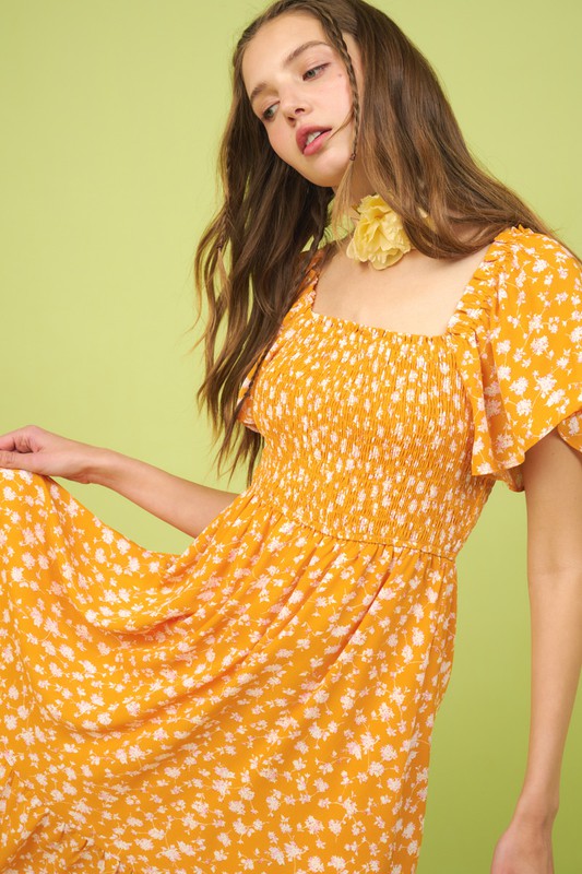 New Summer Flower Print Flutter Sleeve Smocked Midi Dress For Women – Fluttering, Trendy, Romantic and Feminine Style