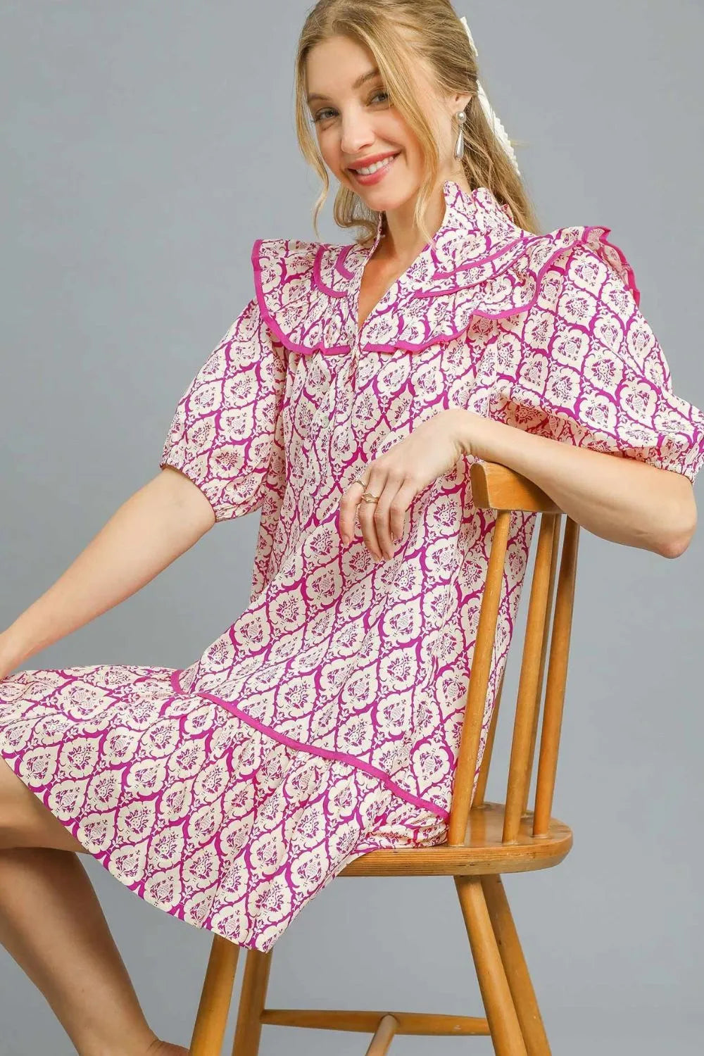 Umgee Ruffled Printed Puff Sleeve Mini Dress
