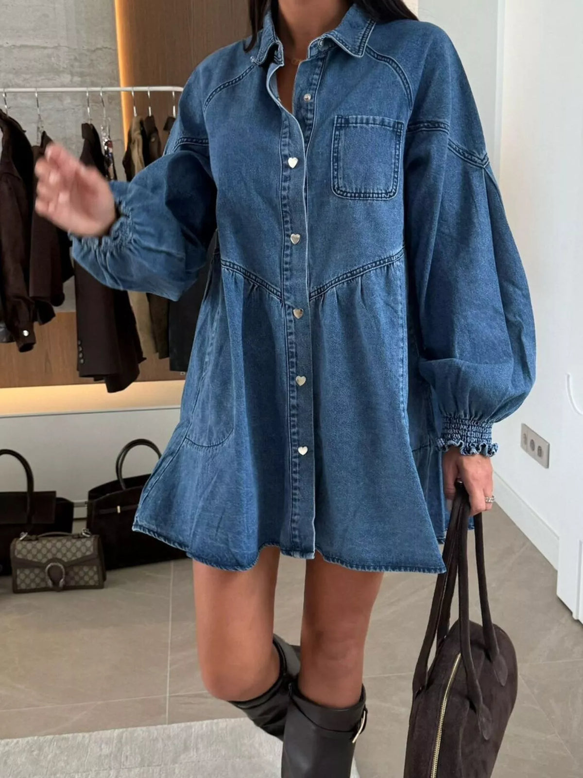 Button Down Mini Denim Dress with Front Pockets