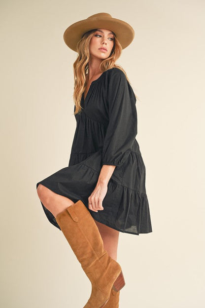 New Summer Notched Balloon Sleeve Tiered Mini Dress For Women – Trendy, Chic, and Playful with Stylish Detailing