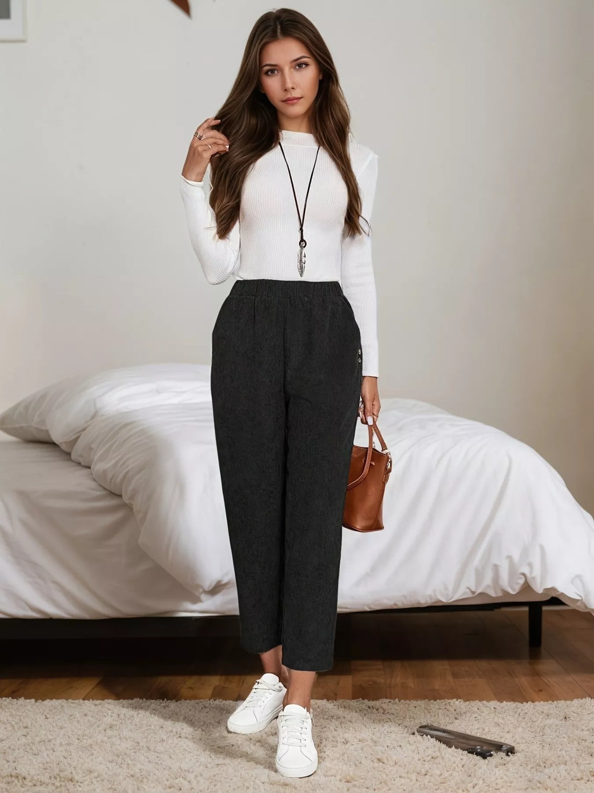 Corduroy Elastic Waist Cropped Pants
