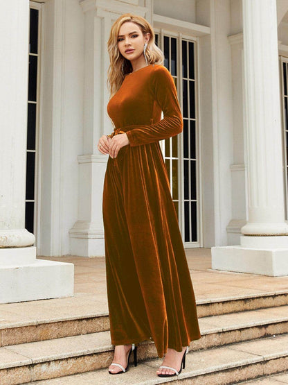 Tie Front Round Neck Long Sleeve Maxi Dress for Women
