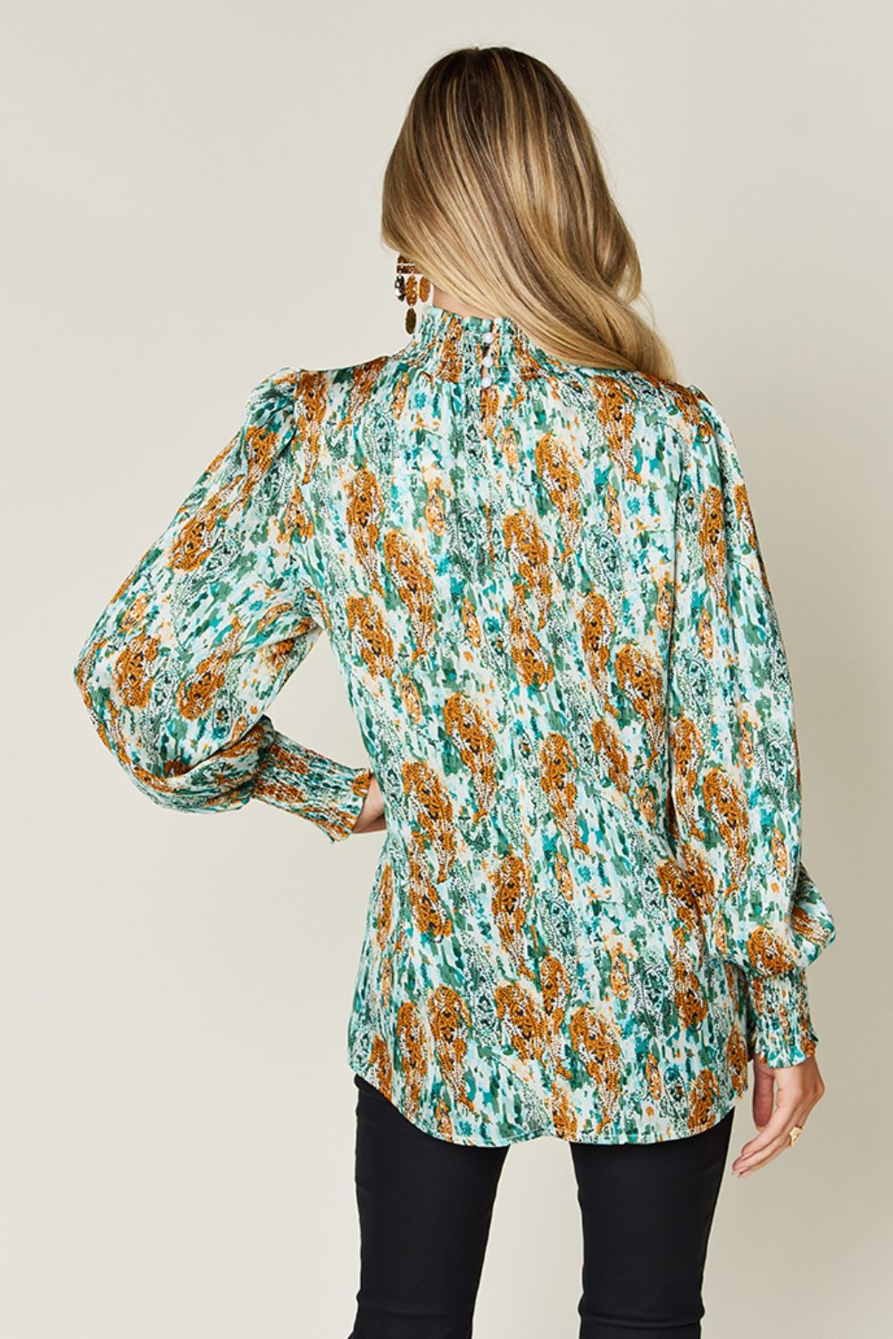 Semi-Sheer Smocked Top with Long Sleeves &amp; Frills