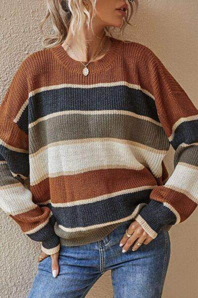 Contrast Striped Round Neck Long Sleeve Sweater for Women