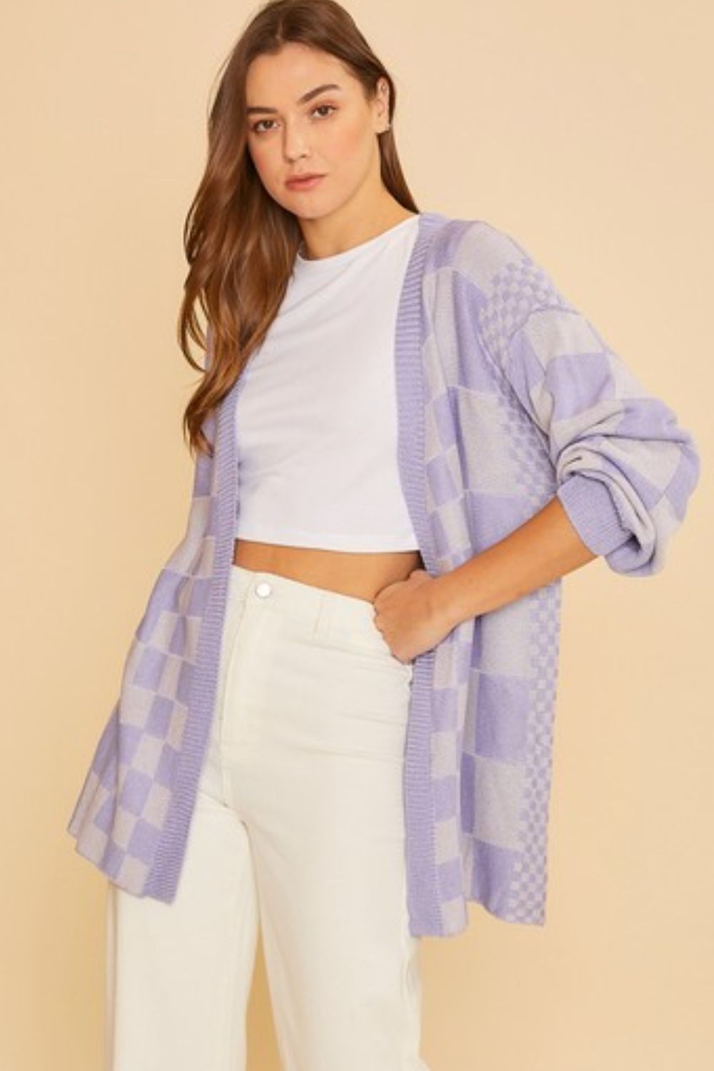 Back To School Sweater - Annie Wear Checkered Open Front Drop Shoulder Cardigan