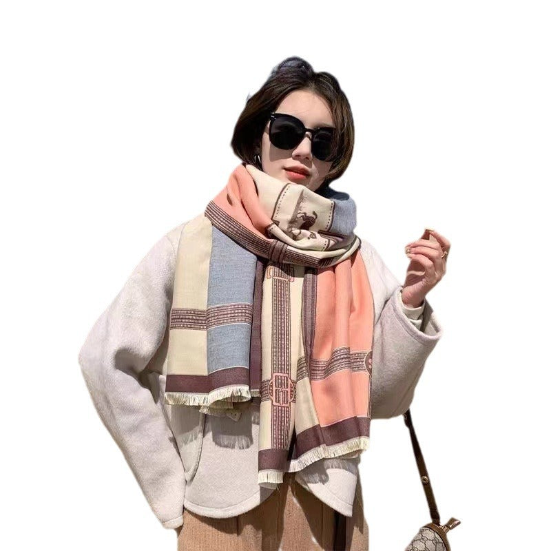 Korean Style Contrast Color Artificial Cashmere Scarf Women&
