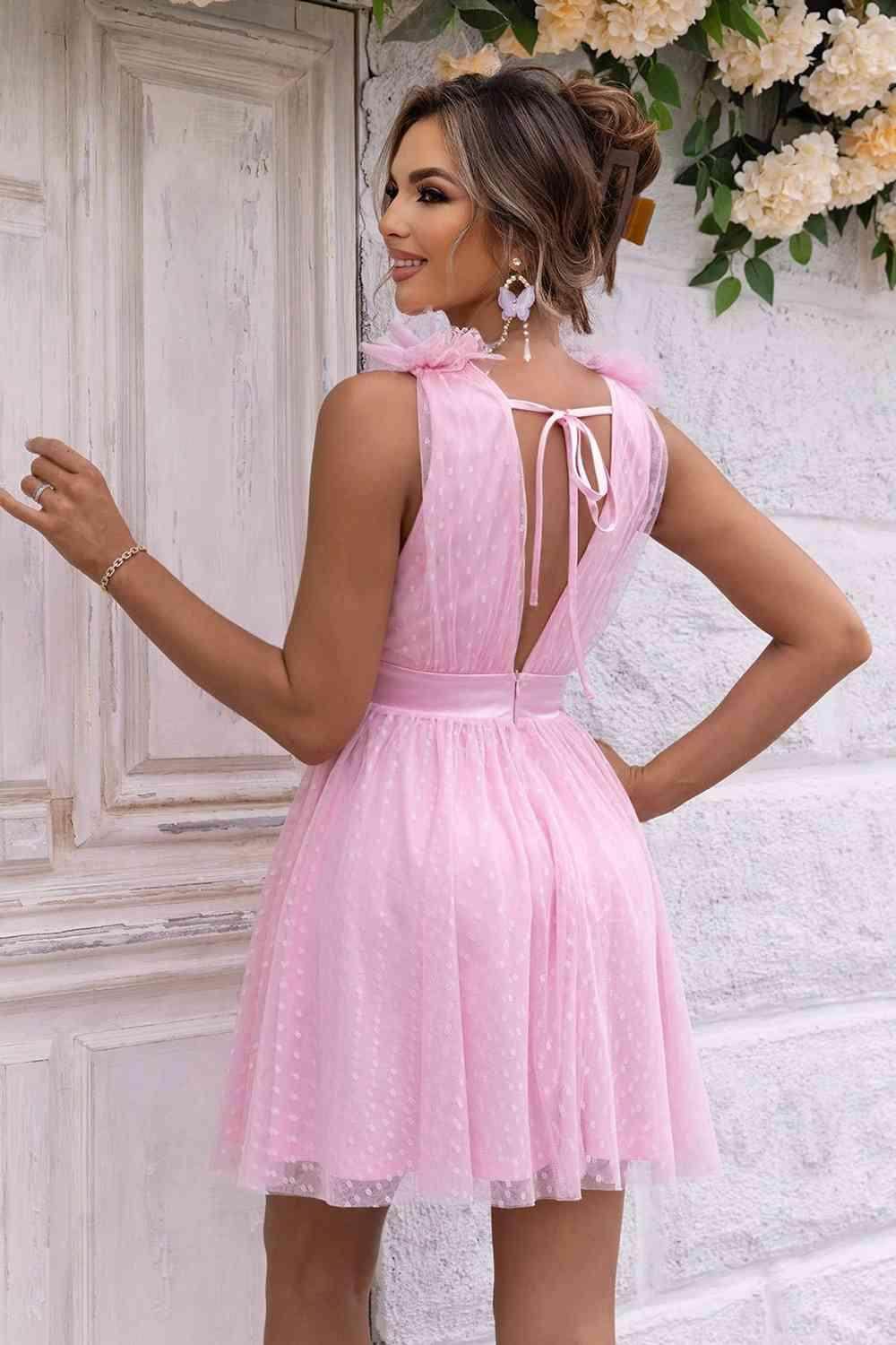 Open Back Sleeveless Mesh Dress with Lace Detail and Lining