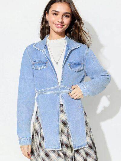 Asymmetric Slit Collared Neck Long Denim Top for Women