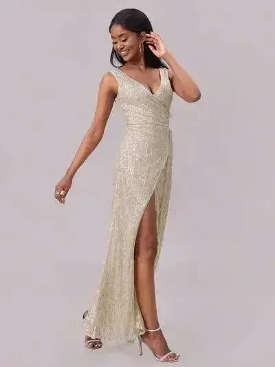 Slit Sequin Surplice Sleeveless Maxi Dress