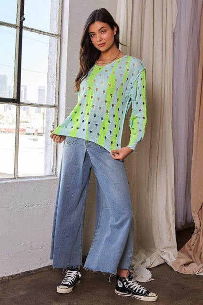 Davi &amp; Dani Two-Tone Ribbed Hem Openwork Knit Top Style