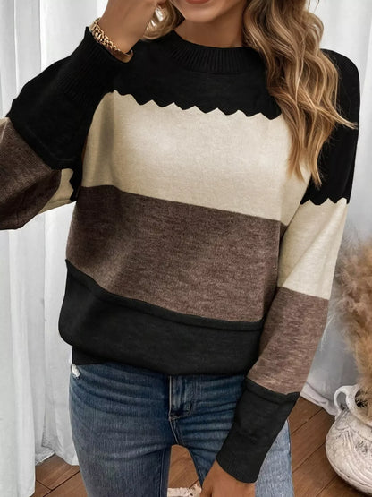 Color Block Crew Neck Drop Shoulder Sweater