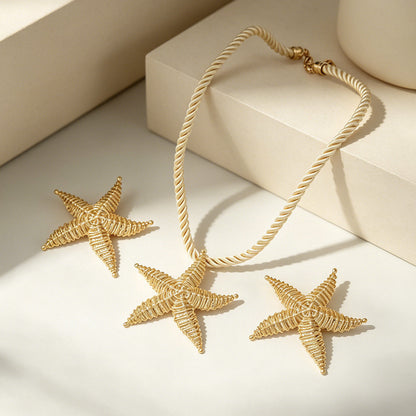 Cross-border European American Unique Starfish Jewelry Set For Women, Light Luxury Vacation Style Premium Texture Matching Clavicle Necklace &amp; Earrings