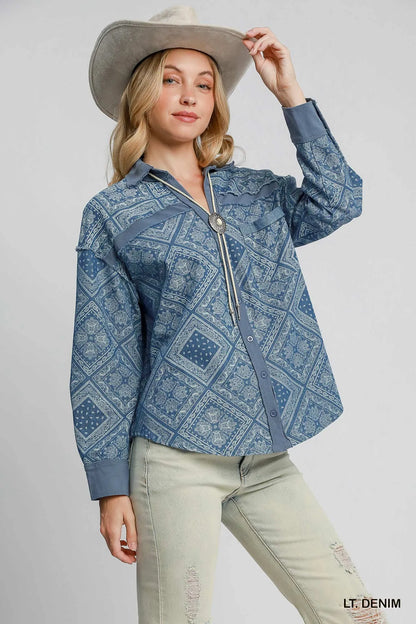 Umgee Paisley Print Denim Shirt Jacket