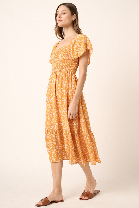 New Summer Flower Print Flutter Sleeve Smocked Midi Dress For Women – Fluttering, Trendy, Romantic and Feminine Style