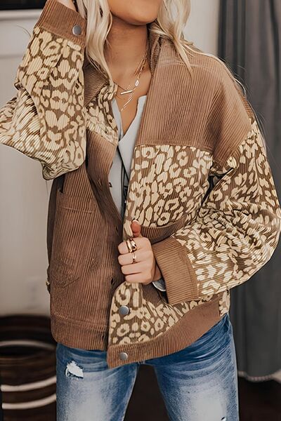 Leopard Print Drop Shoulder Jacket with Button-Up Closure Beautiful Unique Design Winter Jacket