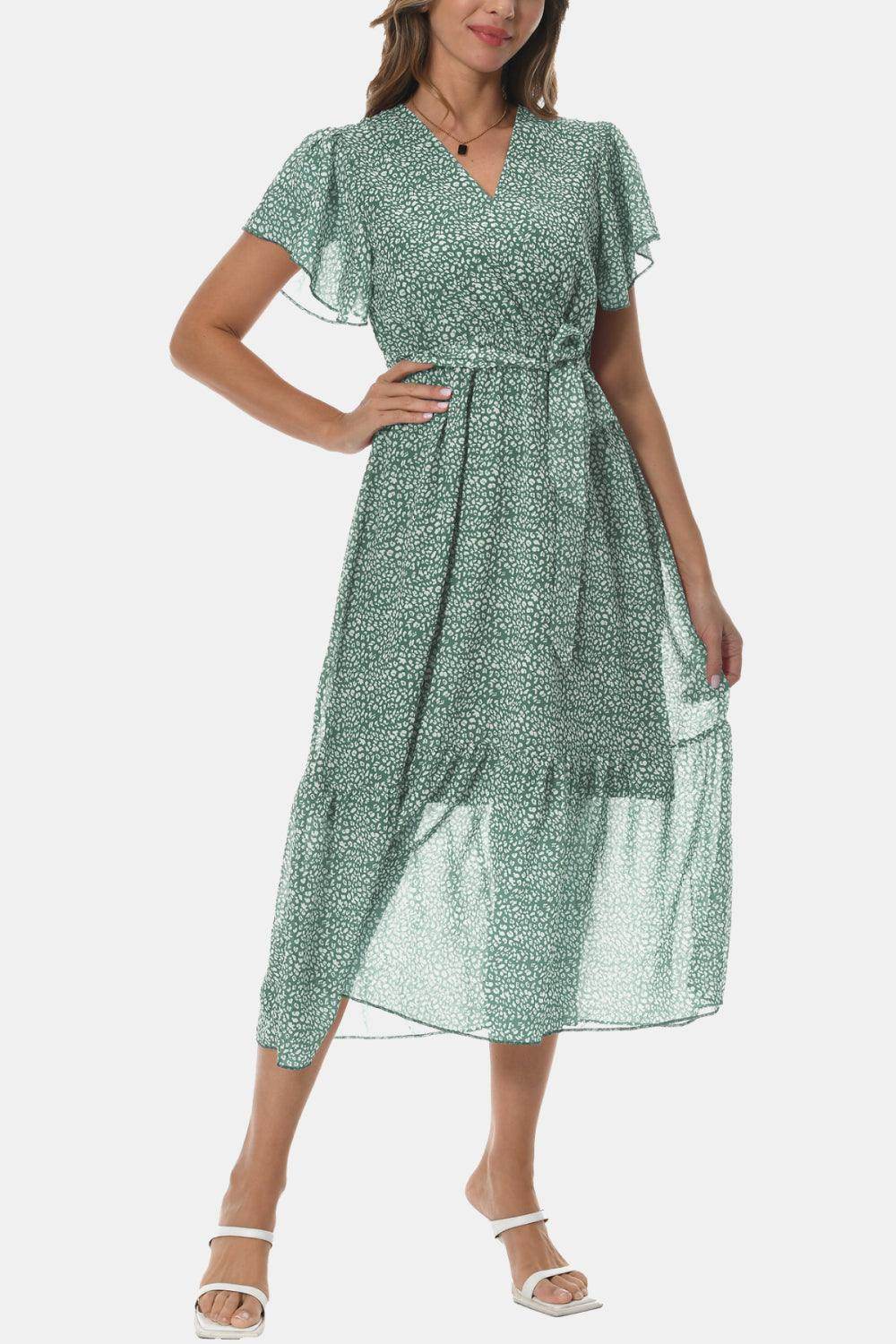 Surplice Neck Flutter Sleeve Tied Dress for Chic Style