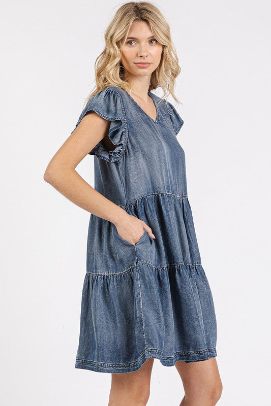 V-Neck Ruffled Cap Sleeve Mini Dress For Women – Feminine, Elegant, Playful, Flattering &amp; Stylish Dress for Various Occasions