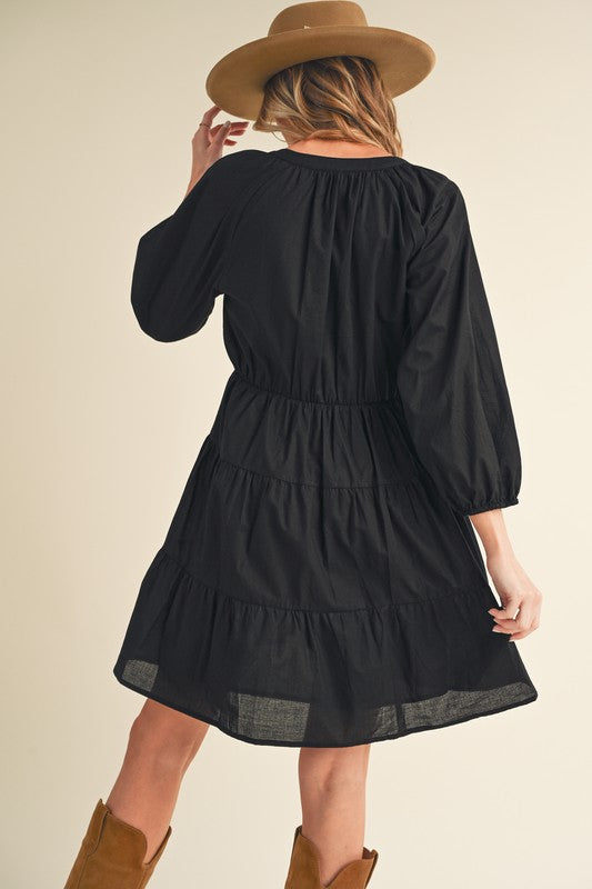 New Summer Notched Balloon Sleeve Tiered Mini Dress For Women – Trendy, Chic, and Playful with Stylish Detailing