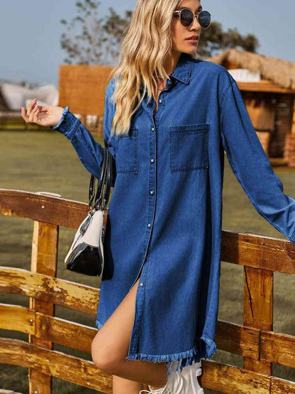 Button Up Collared Neck Raw Hem Denim Dress for Women