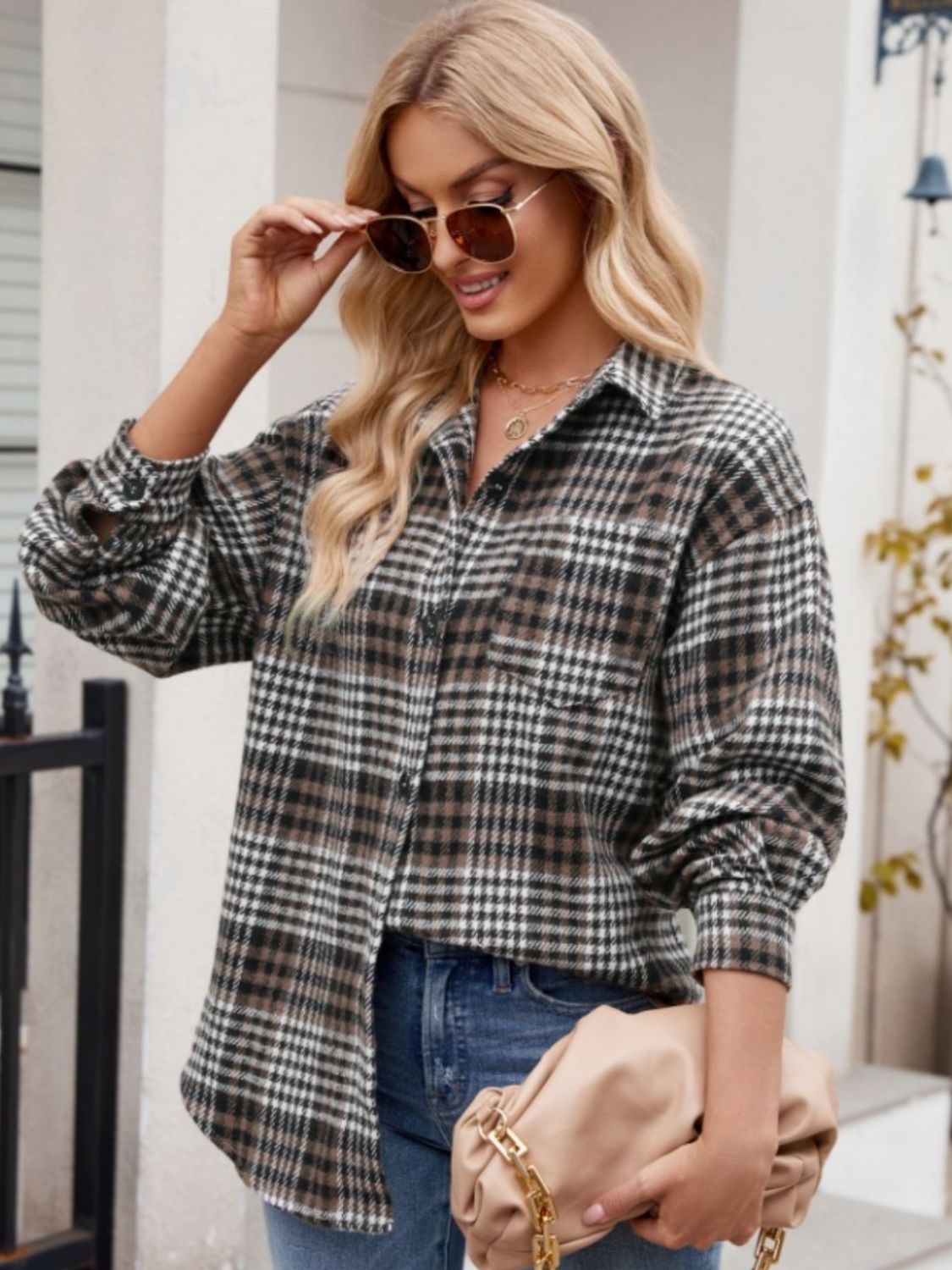 Stretchy Plaid Button-Down Shirt