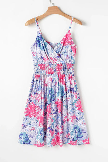 Red Floral Spaghetti Strap Surplice Neck Shirred Waist Mini Dress
