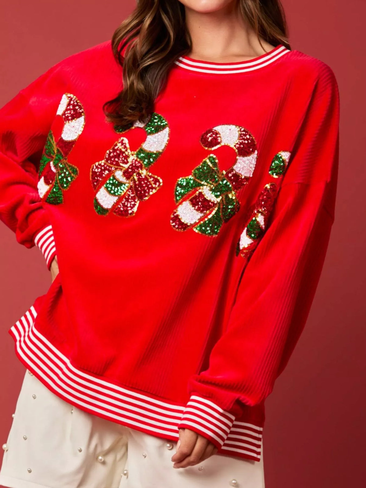 Christmas Sequin Candy Cane and Santa Sweatshirt with Striped Hem