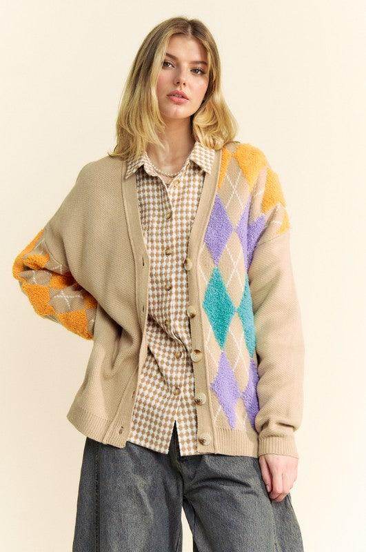 Davi &amp; Dani Argyle V-Neck Dropped Shoulder Cardigan Style