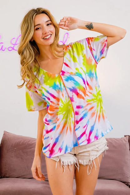BiBi Tie Dye Print Jersey Stitched V Neck Top