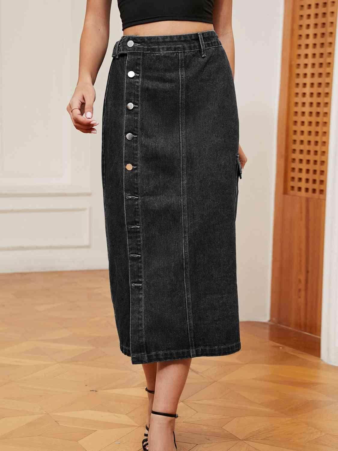 Button Down Midi Denim Skirt with Pockets and Button Detail