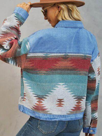 Geometric Button Up Dropped Shoulder Denim Jacket for Women