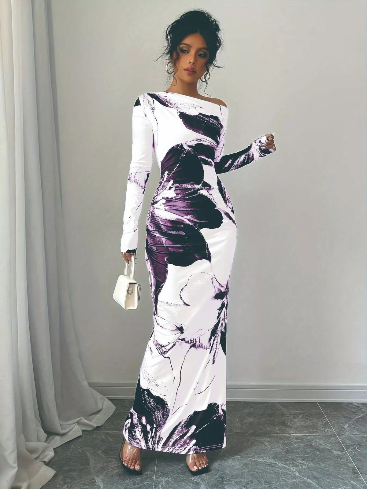Floral One Shoulder Long Sleeve Maxi Dress
