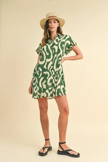 Annie Wear Abstract Printed Frill Sleeve Shirt Mini Dress