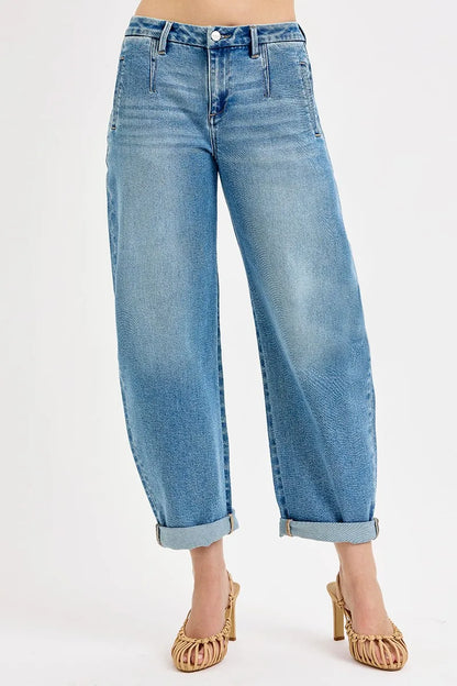 RISEN Full Size Mid Rise Fit Barrel Roll Up Jeans Plus Size